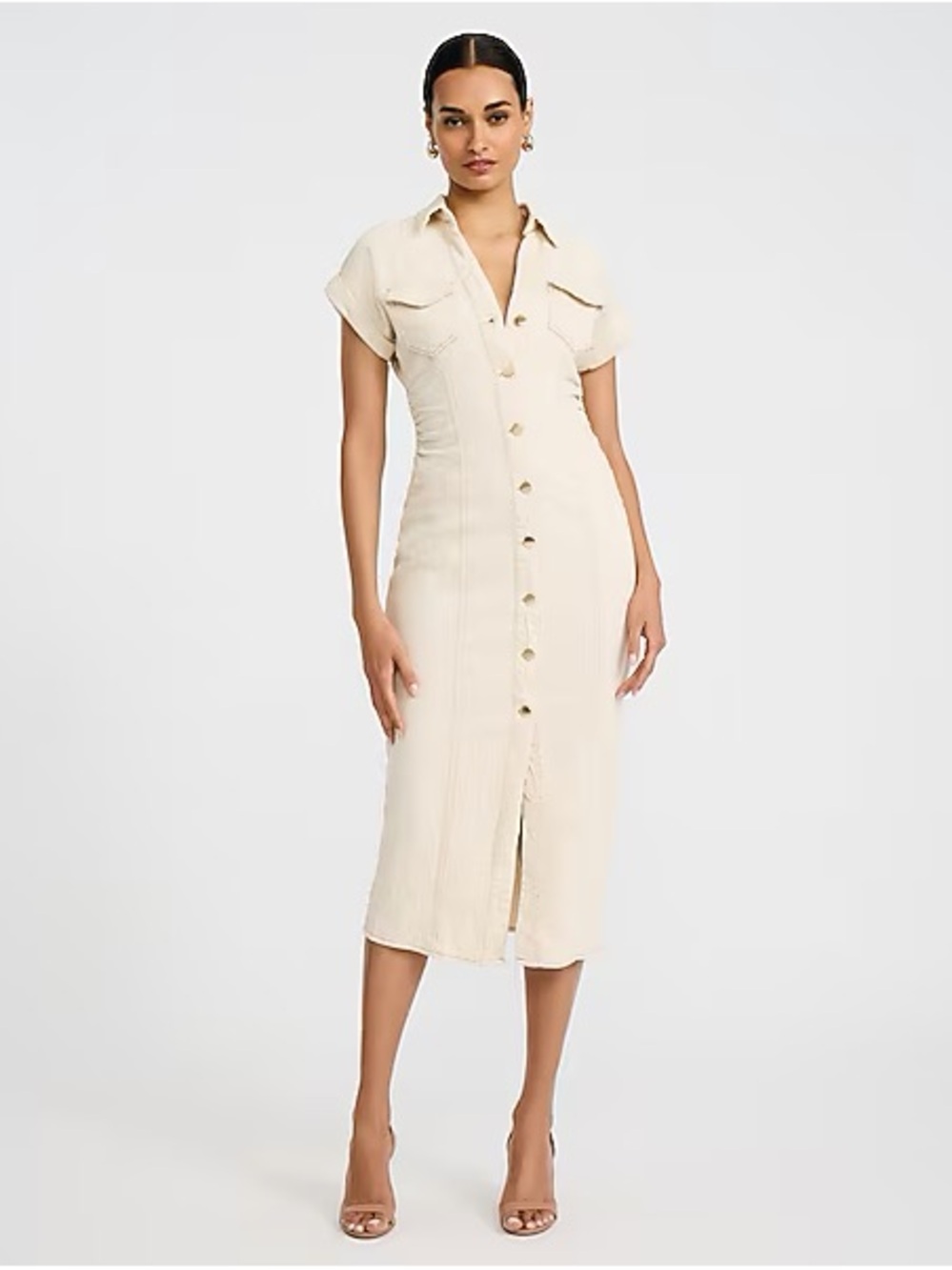 Express Cream Button-Front Midi Shirt Dress
